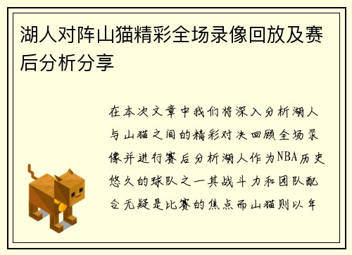 湖人对阵山猫精彩全场录像回放及赛后分析分享